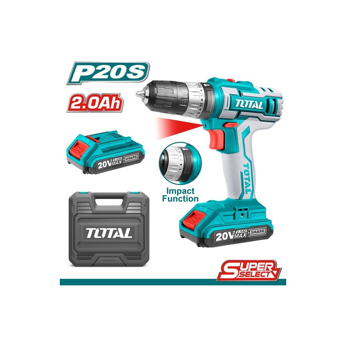 TALADRO PERCUTOR BATERÍA TOTAL 20V P20S 45NM 18+1+1 (INCLUYE 2 BATERÍAS, CARGADOR, MALETIN)