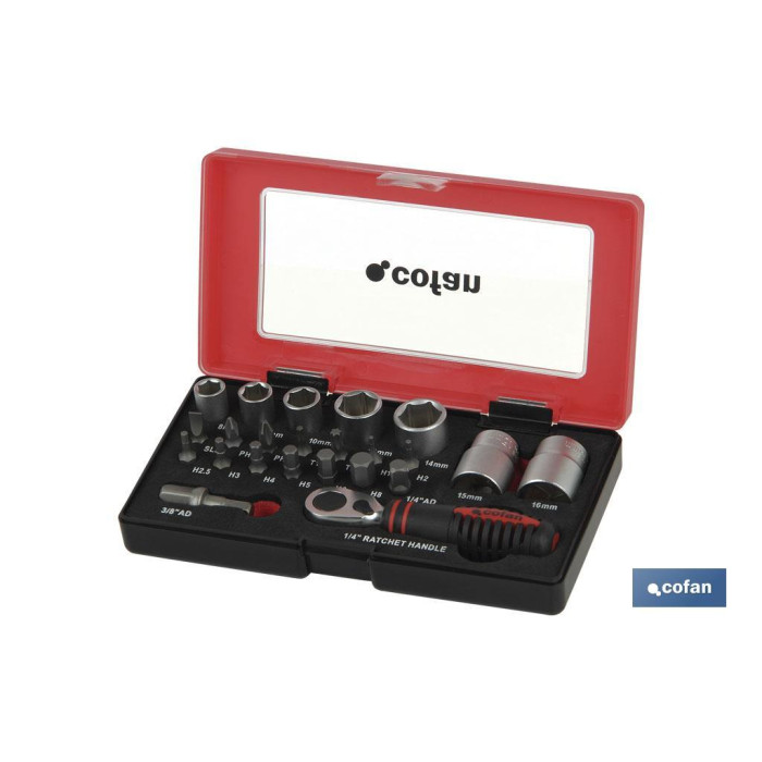 SET MINI CARRACA, VASOS Y PUNTAS 1/4" 23 PCS.