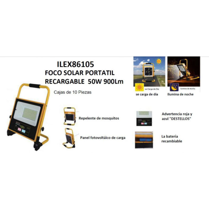PROYECTOR SOLAR PORTATIL RECARGABLE 50W MULTFUNCION 900Lm
