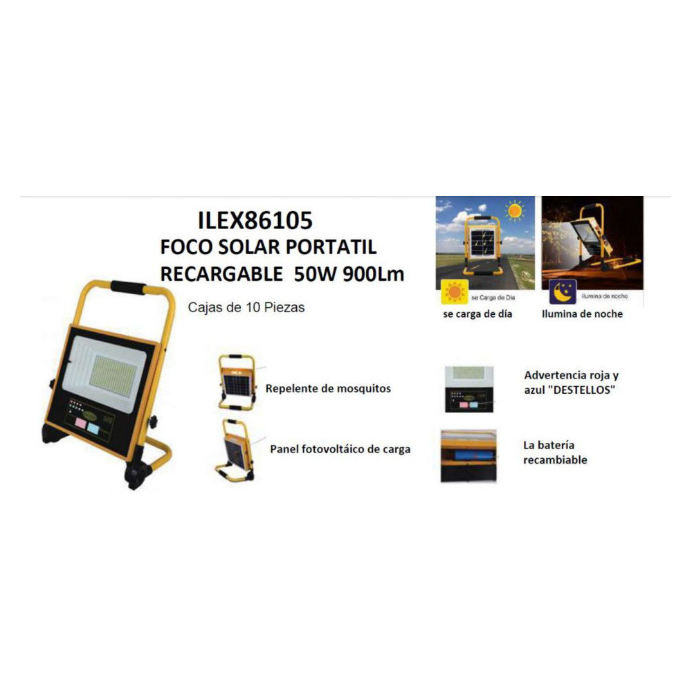 PROYECTOR SOLAR PORTATIL RECARGABLE 50W MULTFUNCION 900Lm