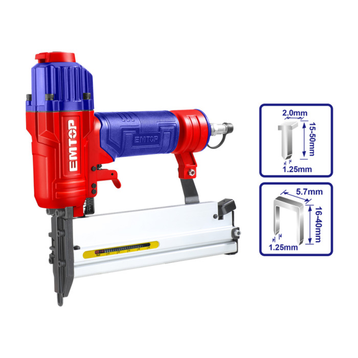 CLAVADORA 2EN1 NEUMATICA EMTOP PARA COMPRESOR 15-50mm (INCLUYE GRAPAS Y CLAVOS)