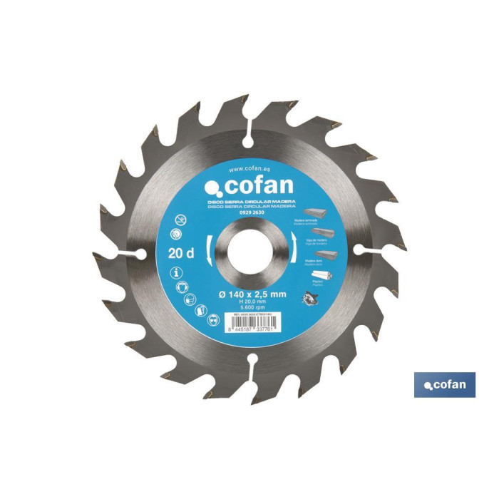 Disco de corte para madera 140x2.5 mm 20 dientes, eje 20 mm