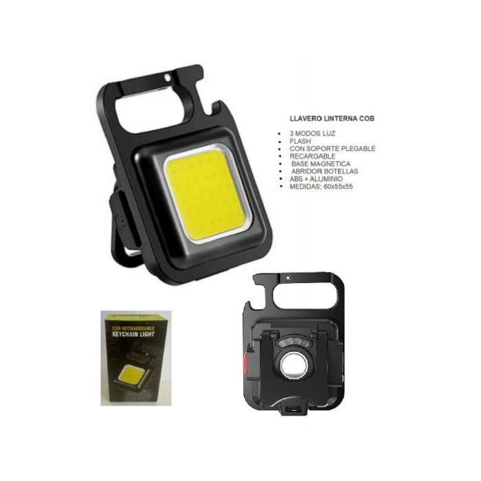 LLAVERO LINTERNA COB 3 MODOS LUZ, CON SOPORTE PLEGABLE, RECARGABLE, BASE MAGNETICA, ABRIDOR BOTELLAS